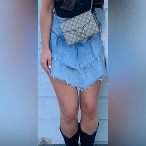 MOTHER Blue Denim tiered raw hem Skirt